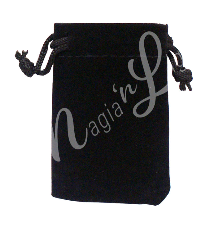 A black velvet square pouch with drawstring.
