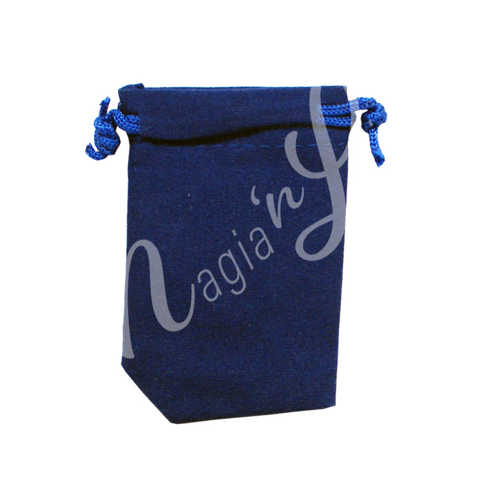 A blue velvet square pouch with drawstring.