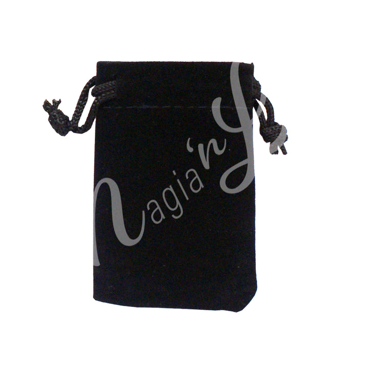 A black velvet square pouch with drawstring.