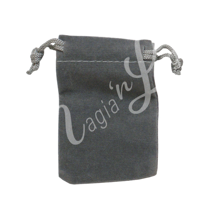 A grey velvet square pouch with drawstring.