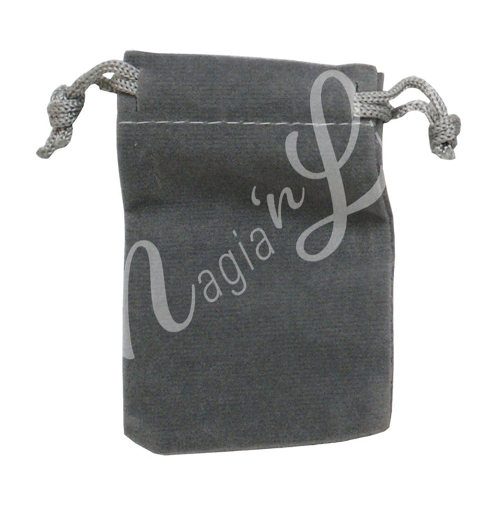 Agray velvet square pouch with drawstring.