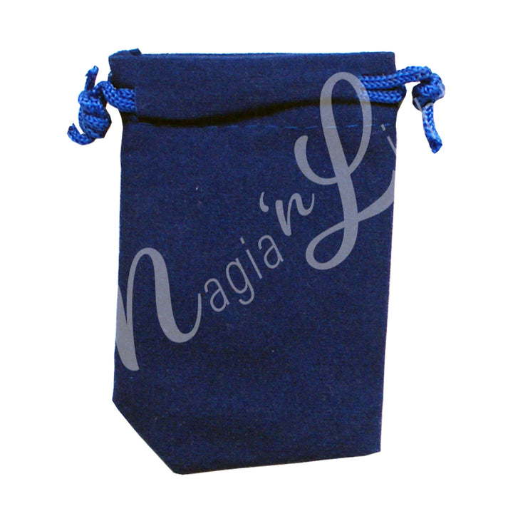A blue velvet square pouch with drawstring.