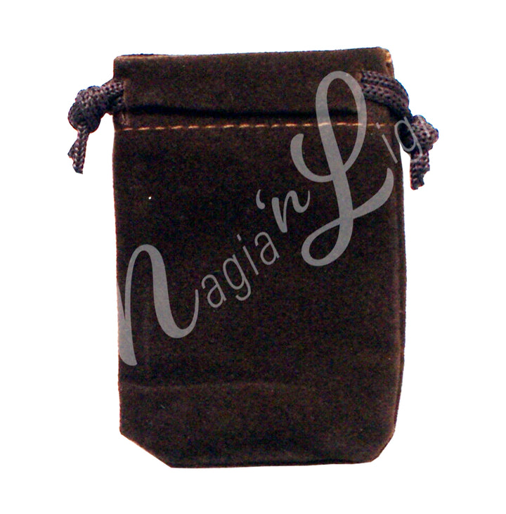 A brown velvet square pouch with drawstring.