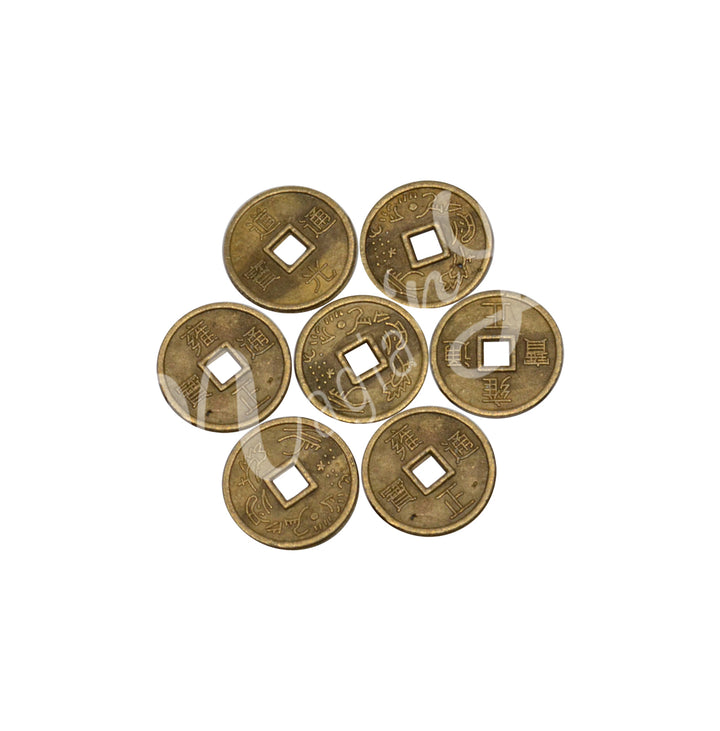 Seven antique-style Chinese coin with square holes in their center and engraved characters.