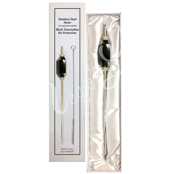 Stainless steel straw with a faceted black tourmaline stone accent, presented in a white satin-lined gift box. The packaging reads “Stainless Steel Straw, Cleaning brush included, Black Tourmaline for Protection”.