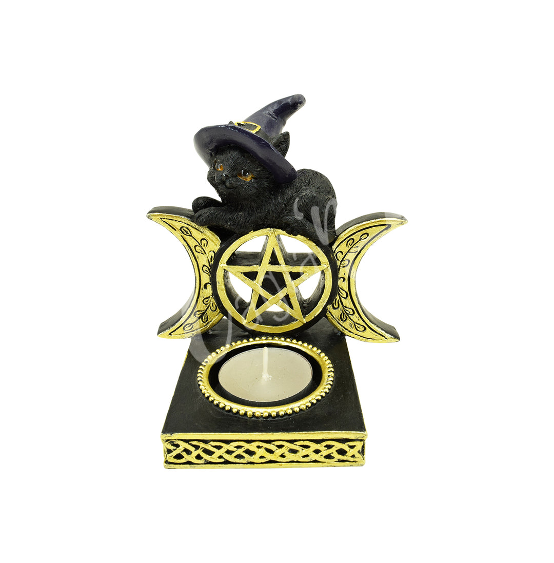 Tealight Holder Back Cat w Triple Moon Pentacle