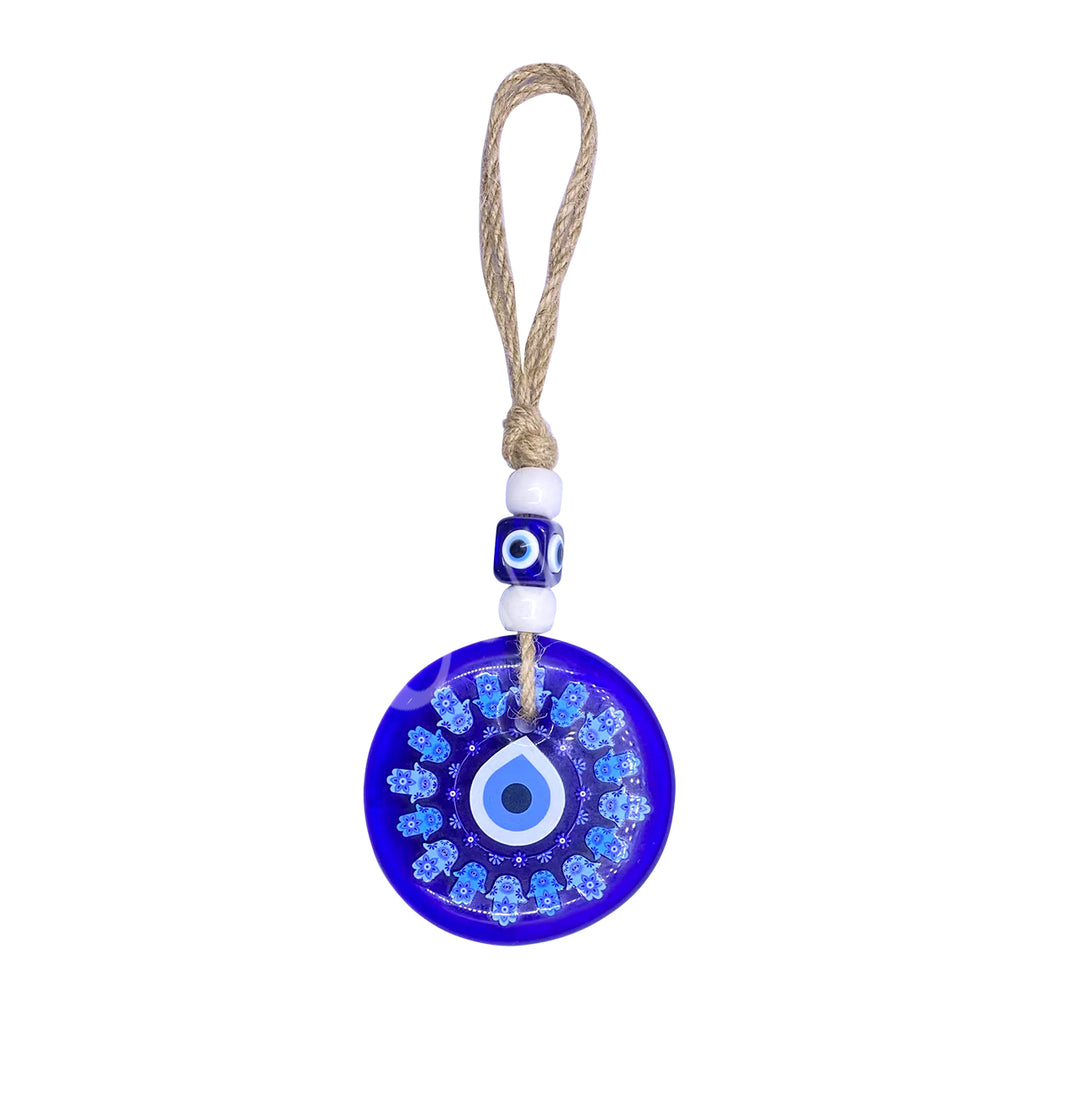 Printed Glass Evil Eye w Hand of Fatima 3.25″dia.