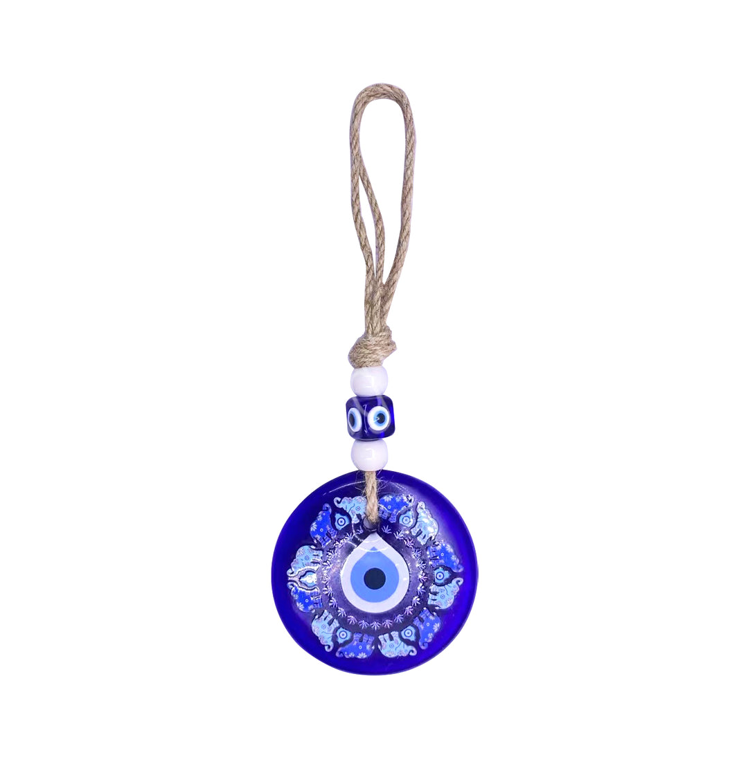 Hanging Evil Eye Talisman w Elephants 3.25″dia