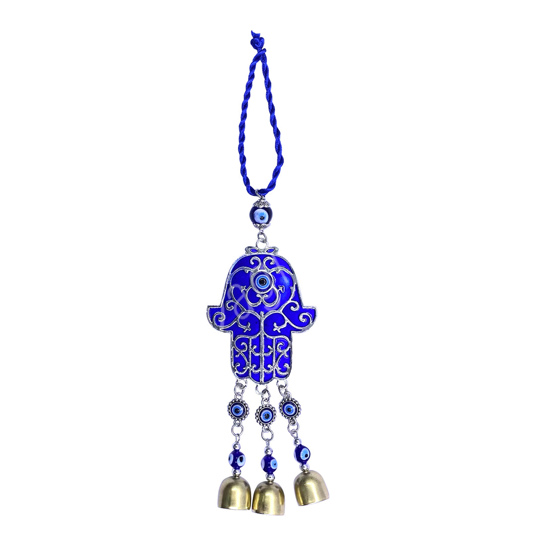 Hanging Blue Fatima Hand w Evil Eye & Bells 9.75″L
