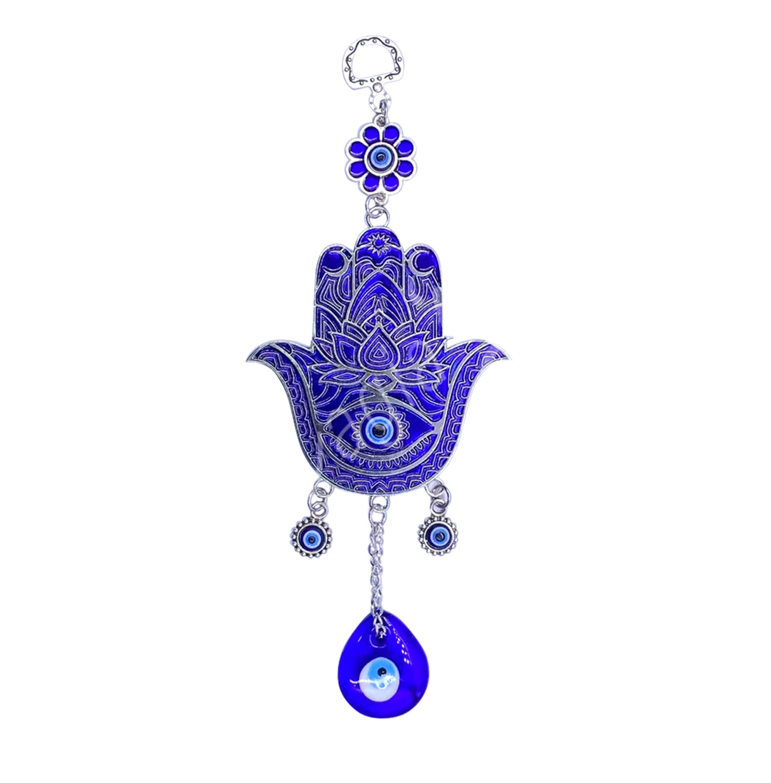 Hanging Blue Hand of Fatima w Evil Eye & Lotus 8.5"L