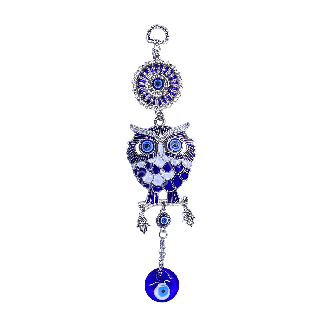 Hanging White & Blue Owl w Evil Eye 9″L
