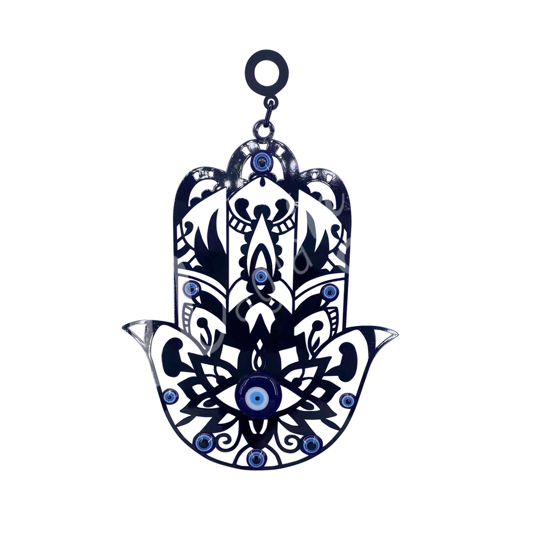 Hanging Evil Eye w Hand of Fatima & Lotus 7.75″