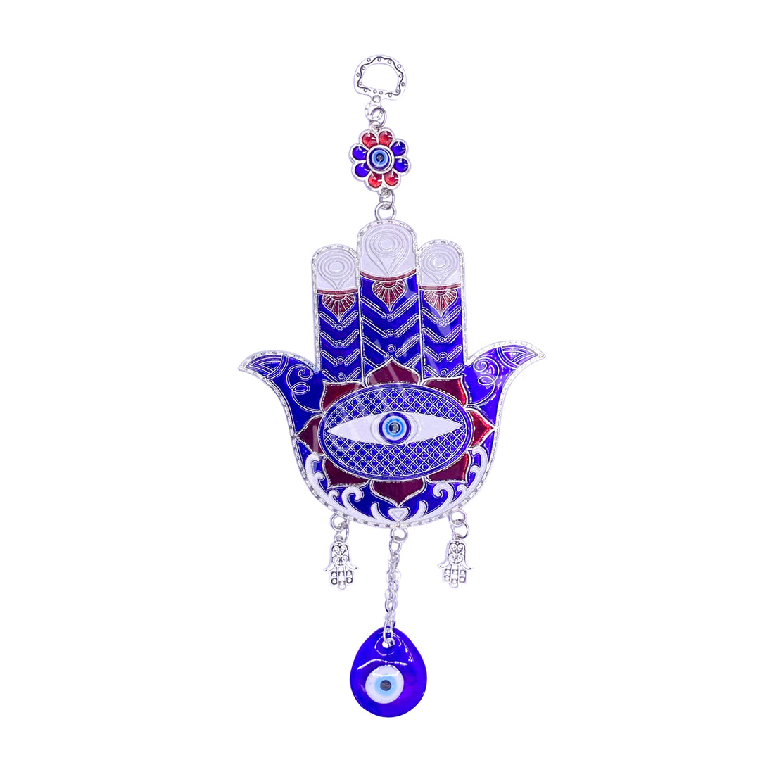 Hanging Blue & Red Hand of Fatima w Evil Eye 8.5″L