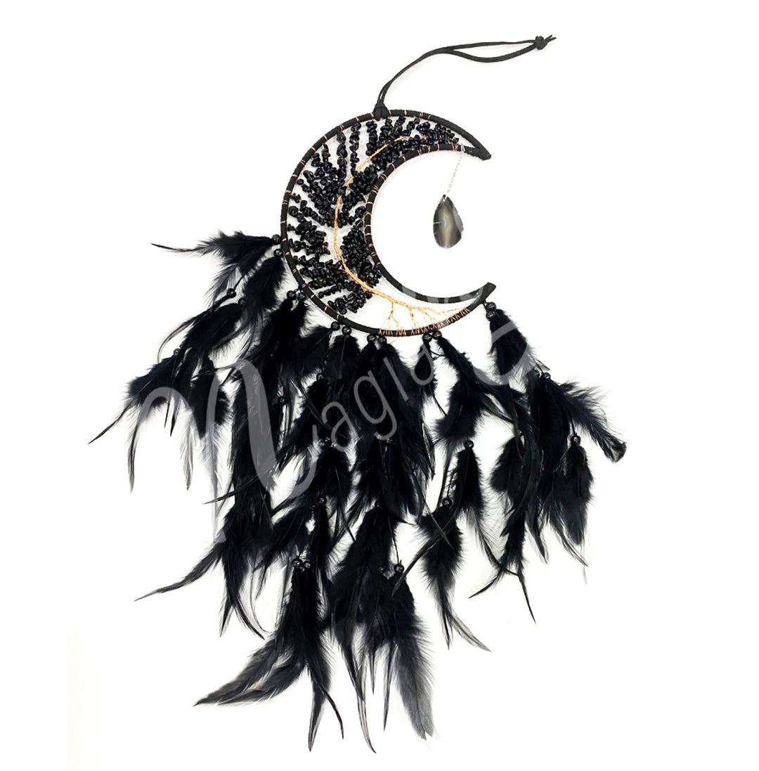 Dreamcatcher Moon-Shaped w Black Obsidian & Feathers