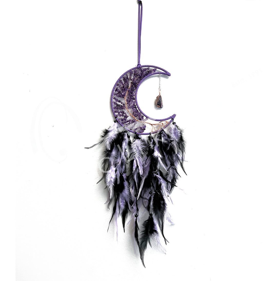Dreamcatcher Moon-Shaped w Chevron Amethyst & Feathers