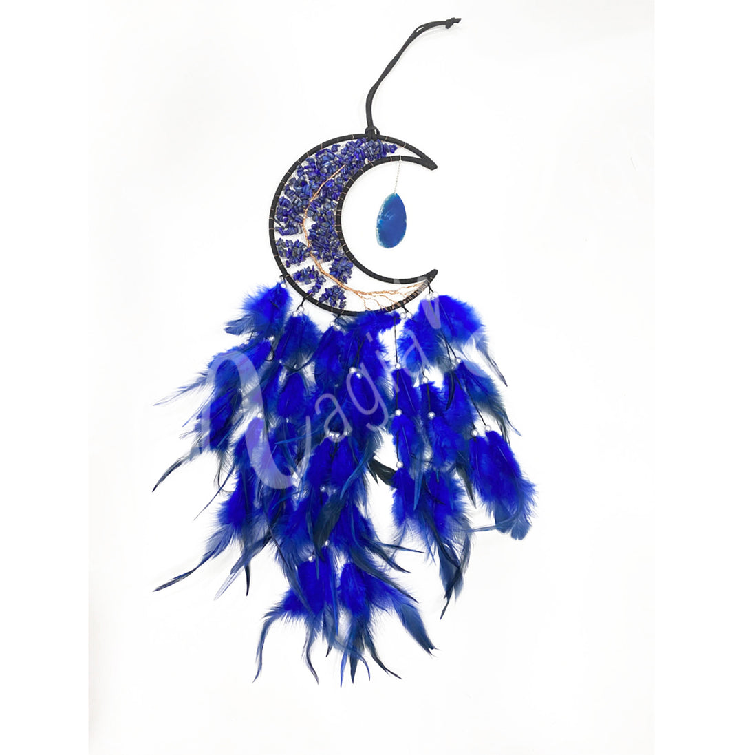 Dreamcatcher Moon-Shaped w Lapis Lazuli & Feathers