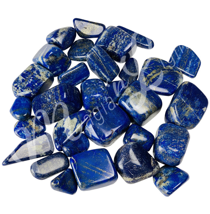 Collection of polished tumbled stones in shades of blue, white and beige, arranged together in a circular pile.
