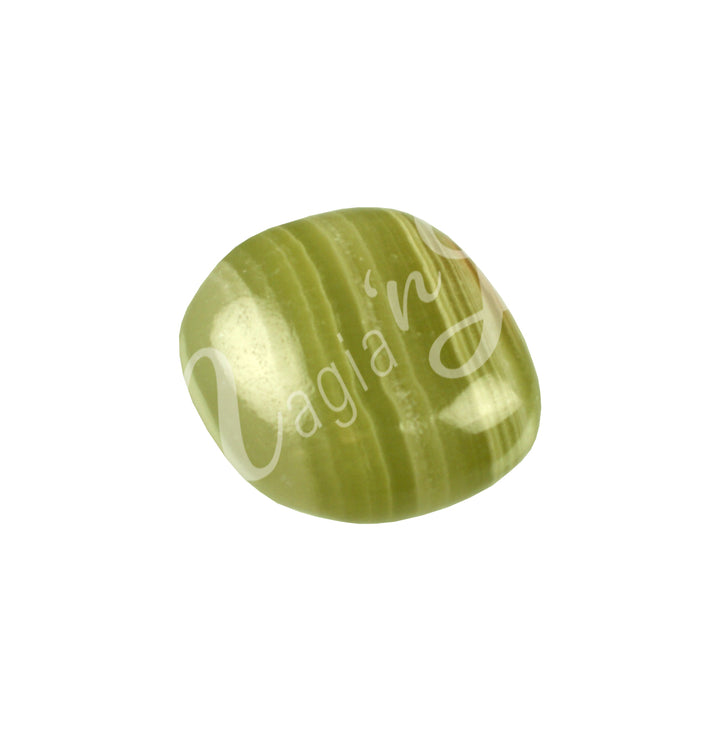 Polished tumbled stone with bands of light green, cream, and shades of green, showing natural patterns and a glossy surface.