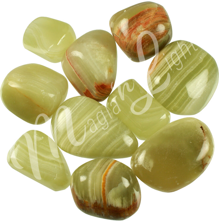 Collection of polished tumbled stones in shades of green, brown, and light green, arranged together in a circular pile.