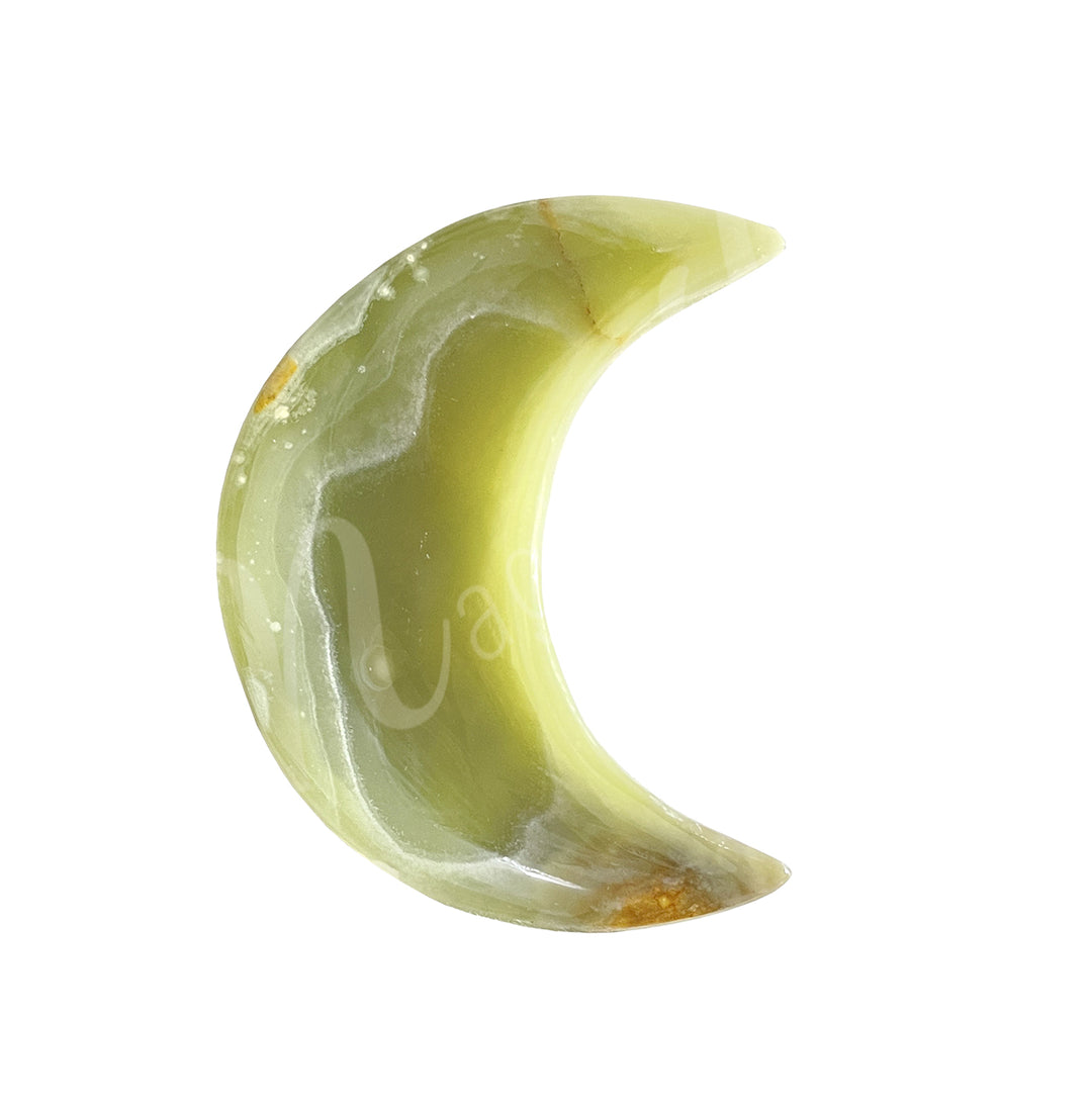 Polished green onyx crystal plate shaped like a Moon.