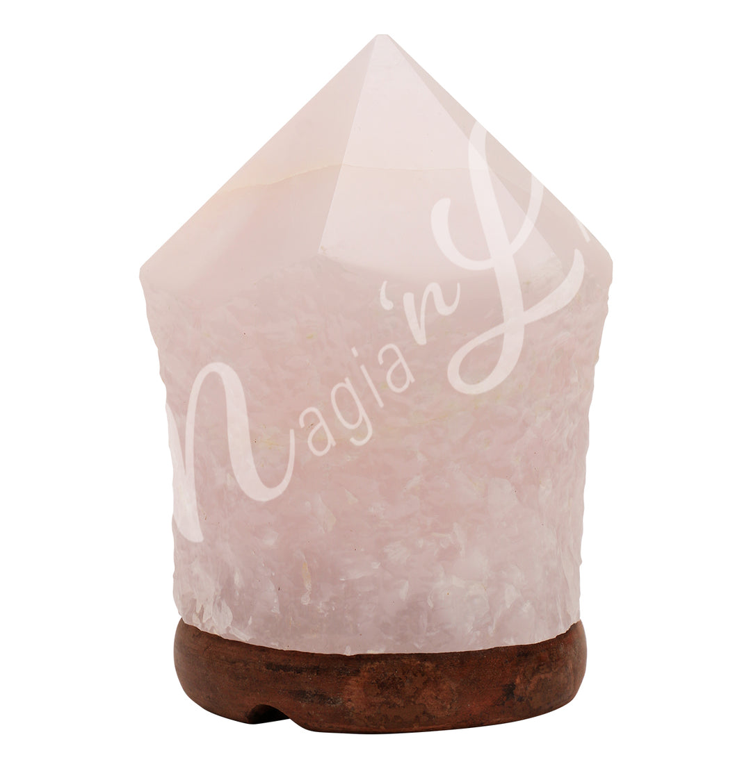 Top polished point pink calcite crystal lamp mounted on a dark wooden base