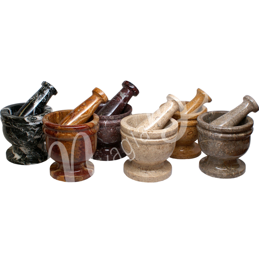 From Left to Right:
Black marble with white veining mortar and pestle set.
Brown marble with black veining mortar and pestle set.
Dark Brown marble with white veining mortar and pestle set.
Beige marble with brown veining mortar and pestle set.
Light brown marble with black veining mortar and pestle set.
Gray marble with dark gray veining mortar and pestle set.