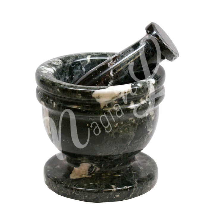 Black marble with white veining mortar and pestle set.