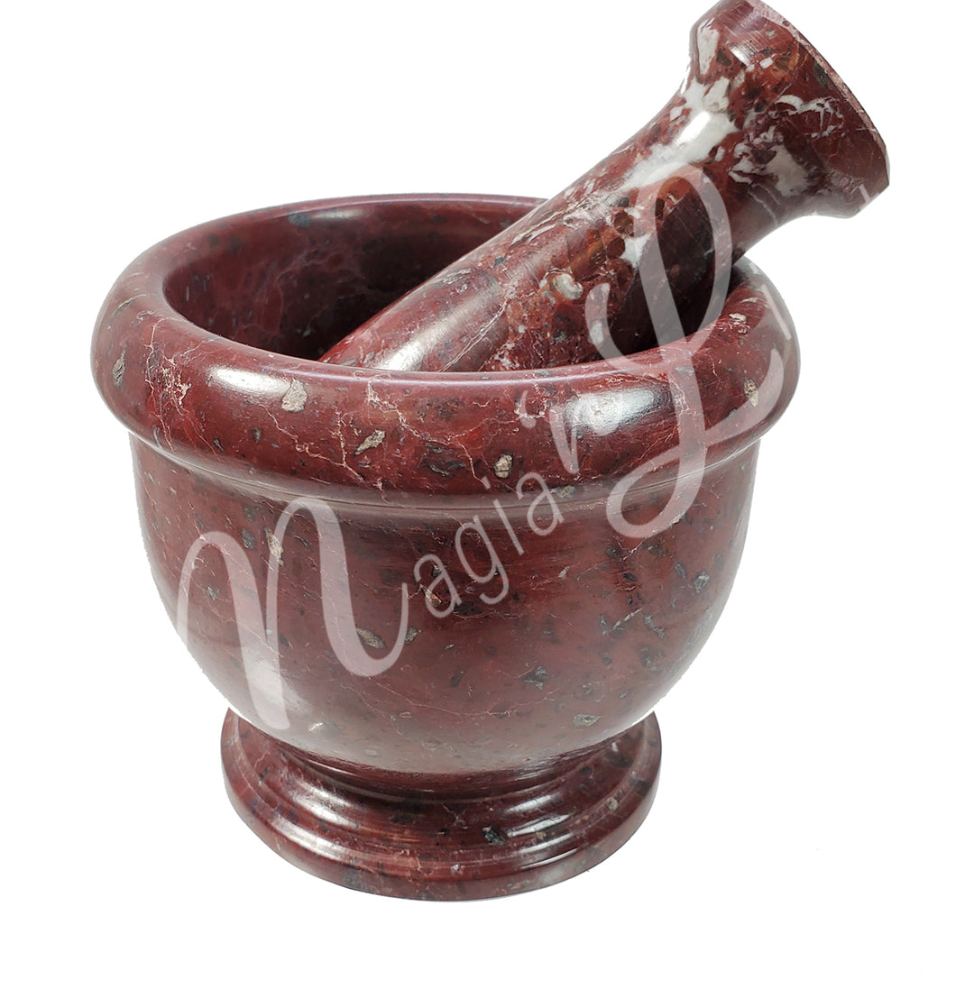 Red marble with white veining mortar and pestle set.