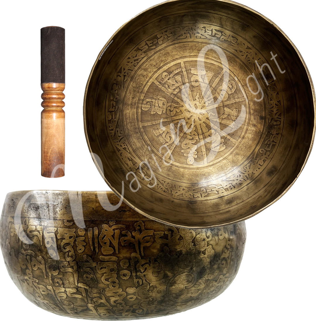 3 items from the left to right:
A wooden mallet,
A Singing bowl with a rounded shape, mantra engraved seen from above. The same singing bowl seen from the side.