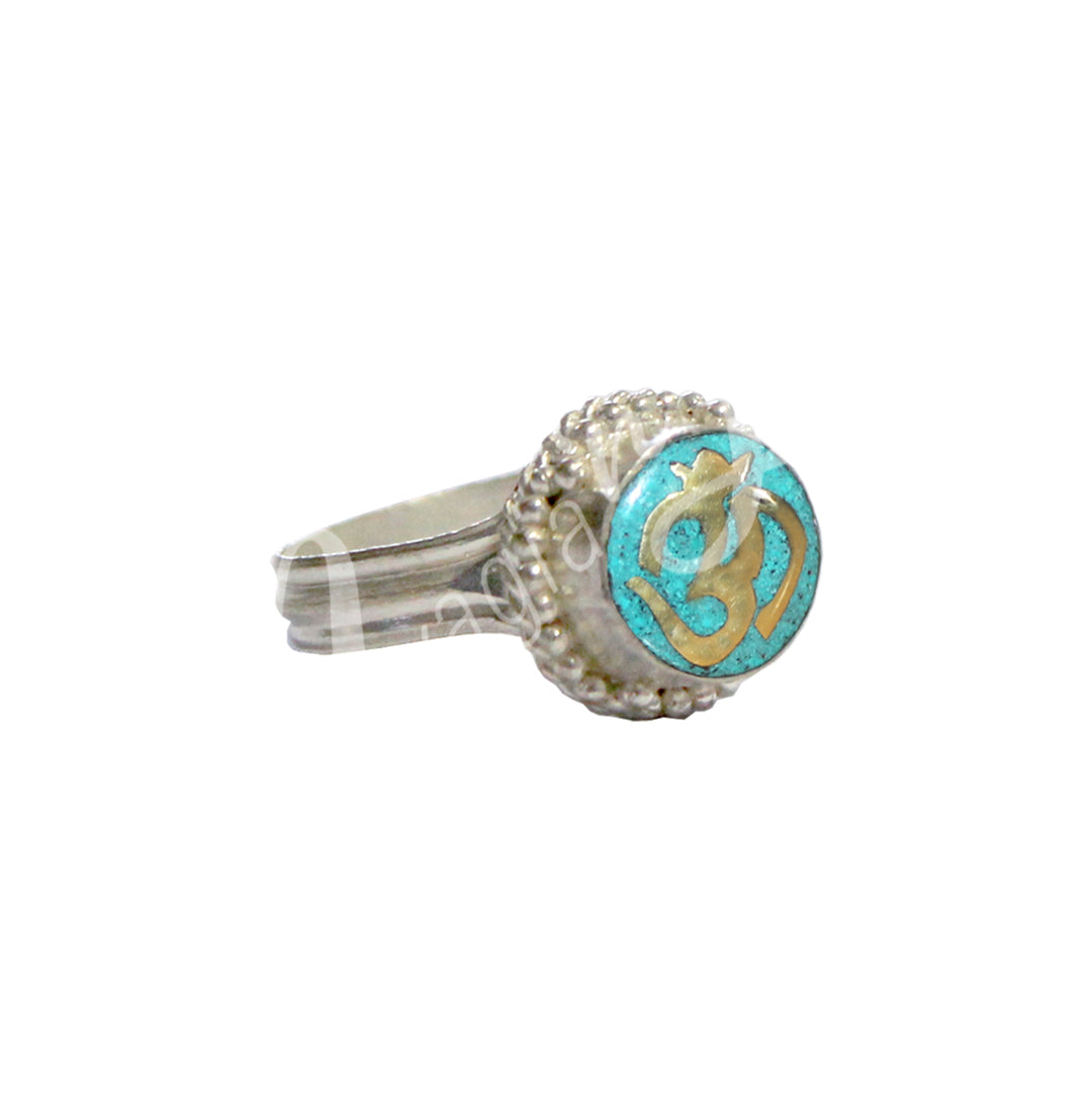 Ring Adjustable Om Turquoise, White Copper and Gold Brass