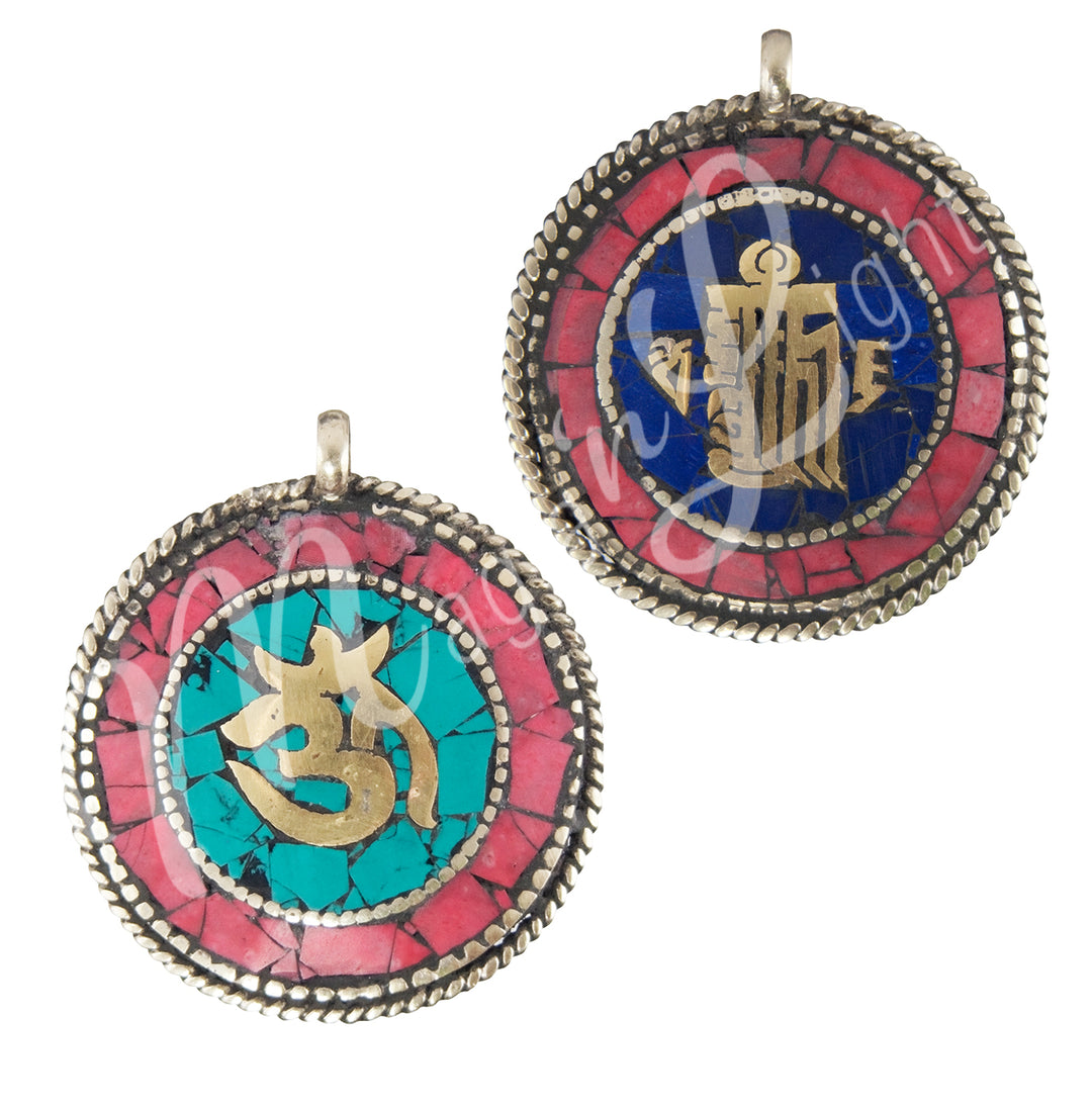 Pendant Tibetan Brass OM & Kalachakra 1.75"