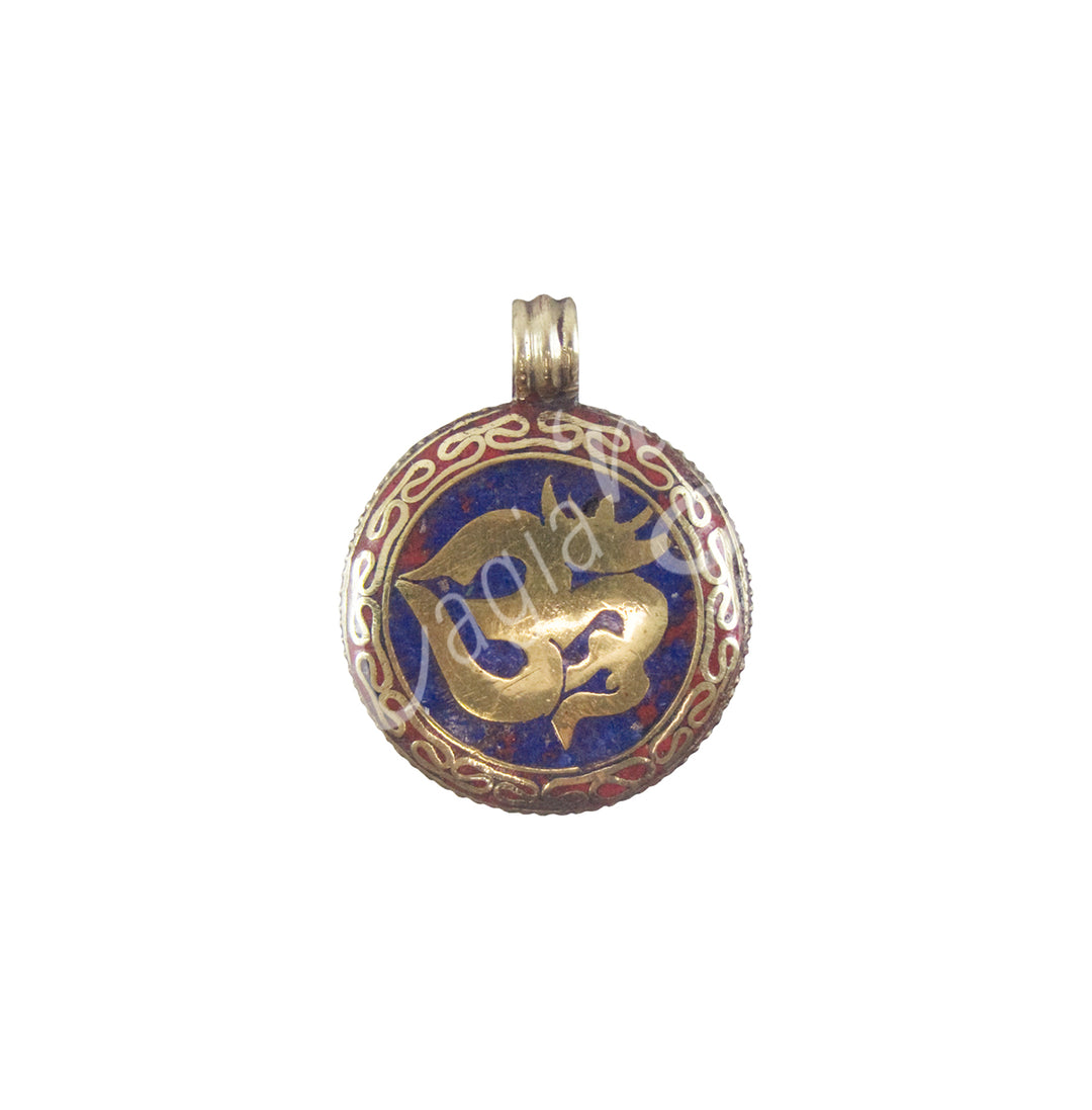 Pendant Tibetan Brass Blue OM 1.5"