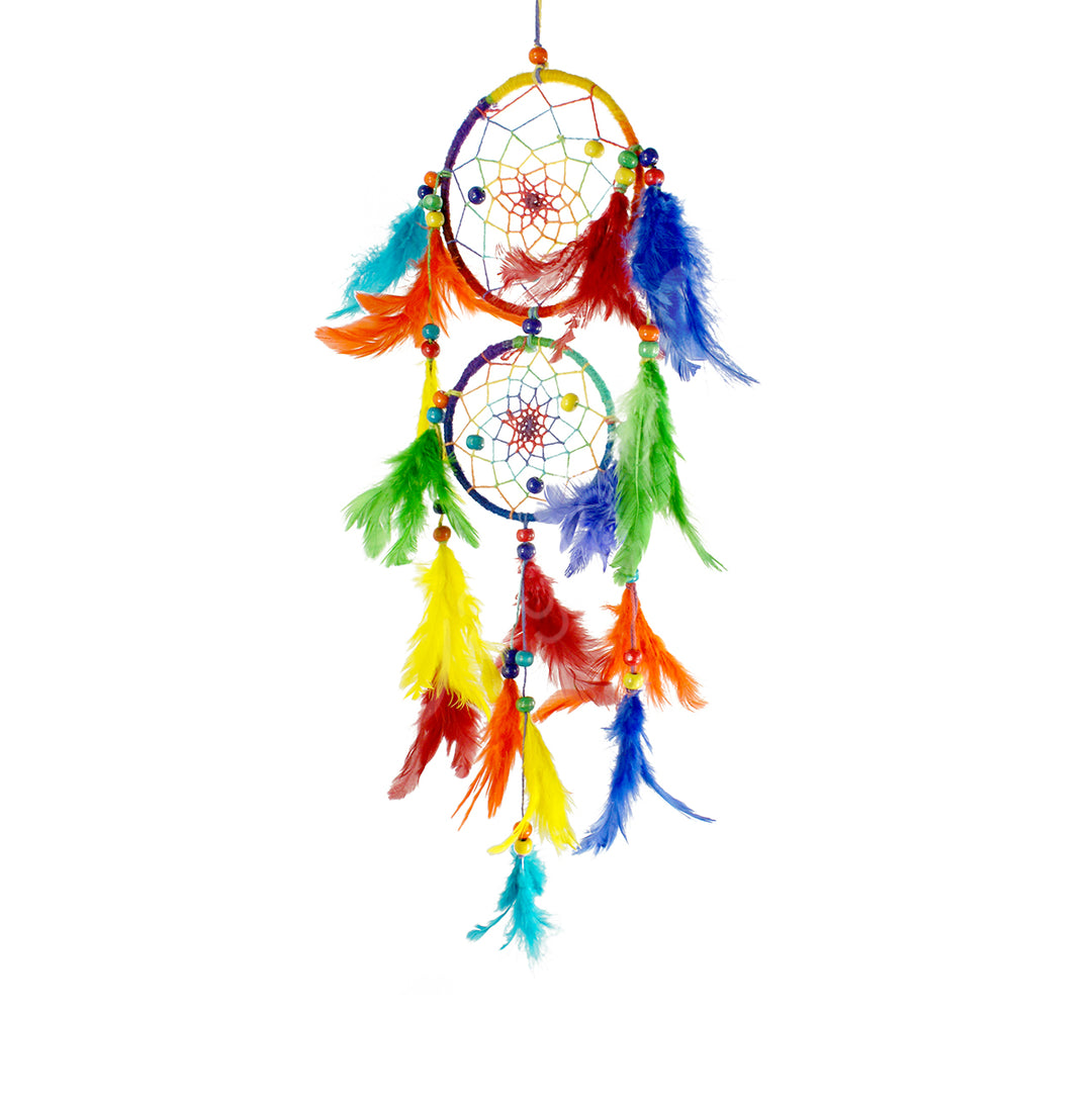 Dreamcatcher Double Circle Rainbow w Feathers
