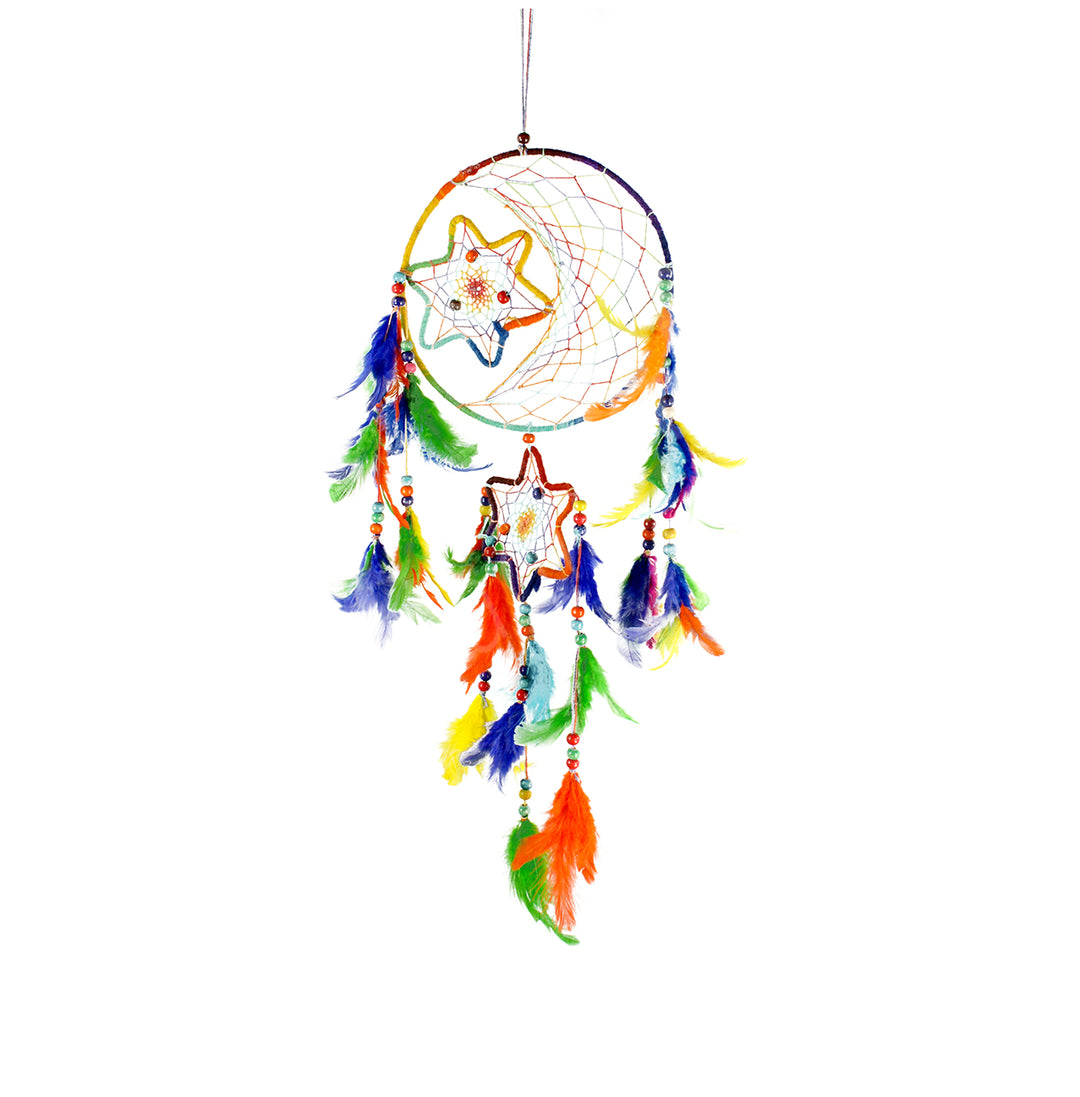 Dreamcatcher Stars & Moon w Rainbow Feathers