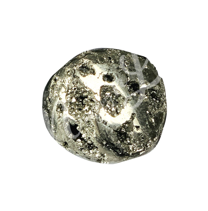 Polished tumbled stone with shades of black and a metallic green-yellow color, showing natural patterns and a glossy surface.