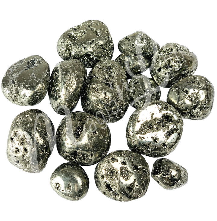 Collection of polished tumbled stones of pyrite, arranged together in a circular pile.
