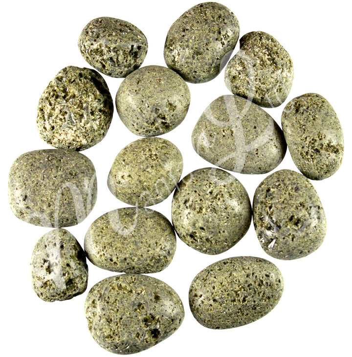Collection of polished tumbled stones in shades of green, yellow and black, arranged together in a circular pile.