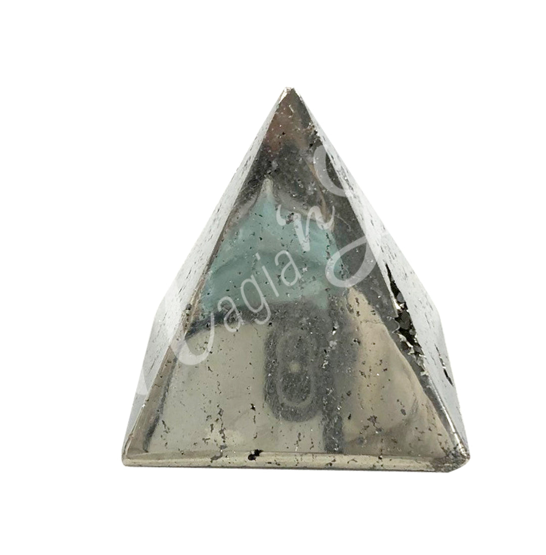 A four side pyramid made of Pyrite.