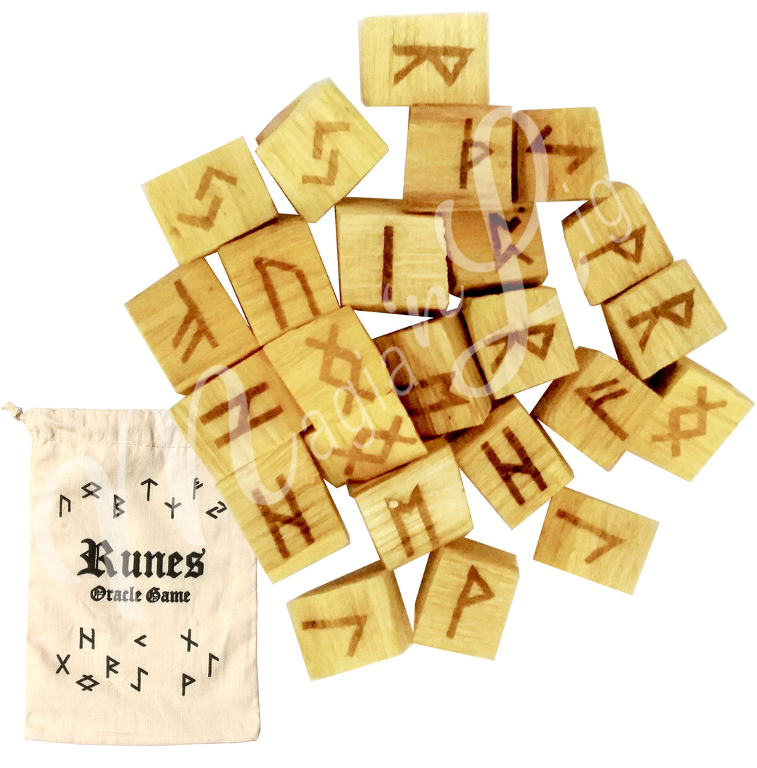 A set of wooden rune pieces featuring engraved symbols on each piece with a white cotton bag. The pouch is embroidered with the words "runes oracle game", as well as runic symbols.