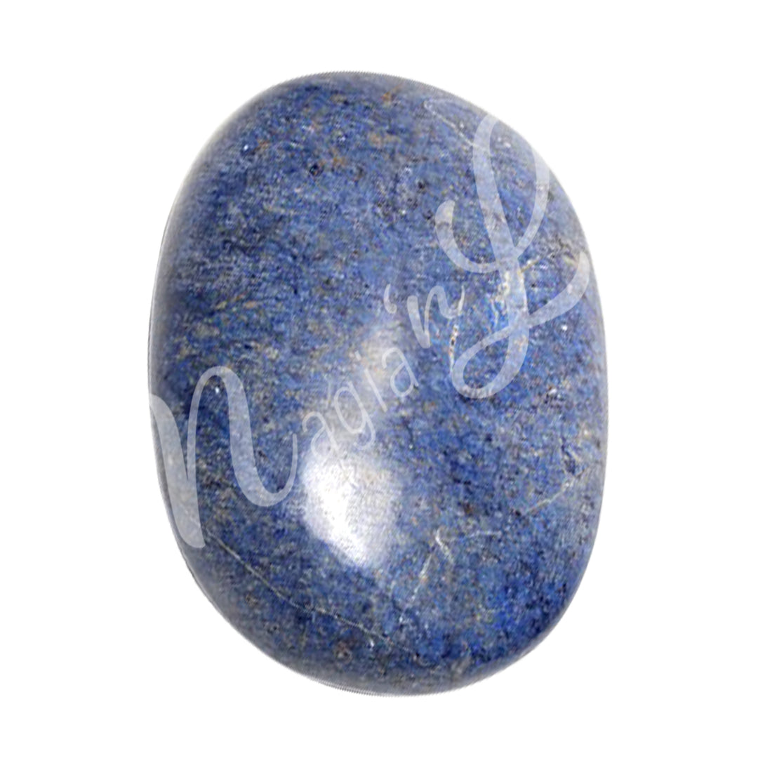 Close-up of a polished oval palm stone made of Dumortierite.