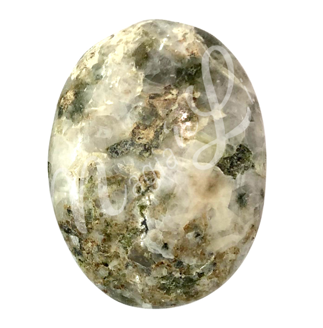 Close-up of a polished oval palm stone made of Epidote with Quartz.