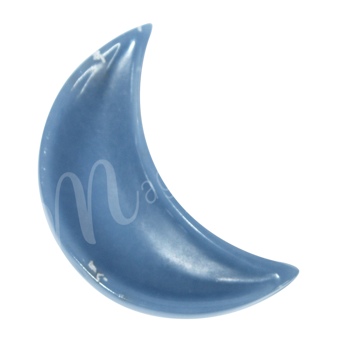 A Polished angelite crescent moon-shaped bowl viewed from above, showing its curved form and pointed tips.