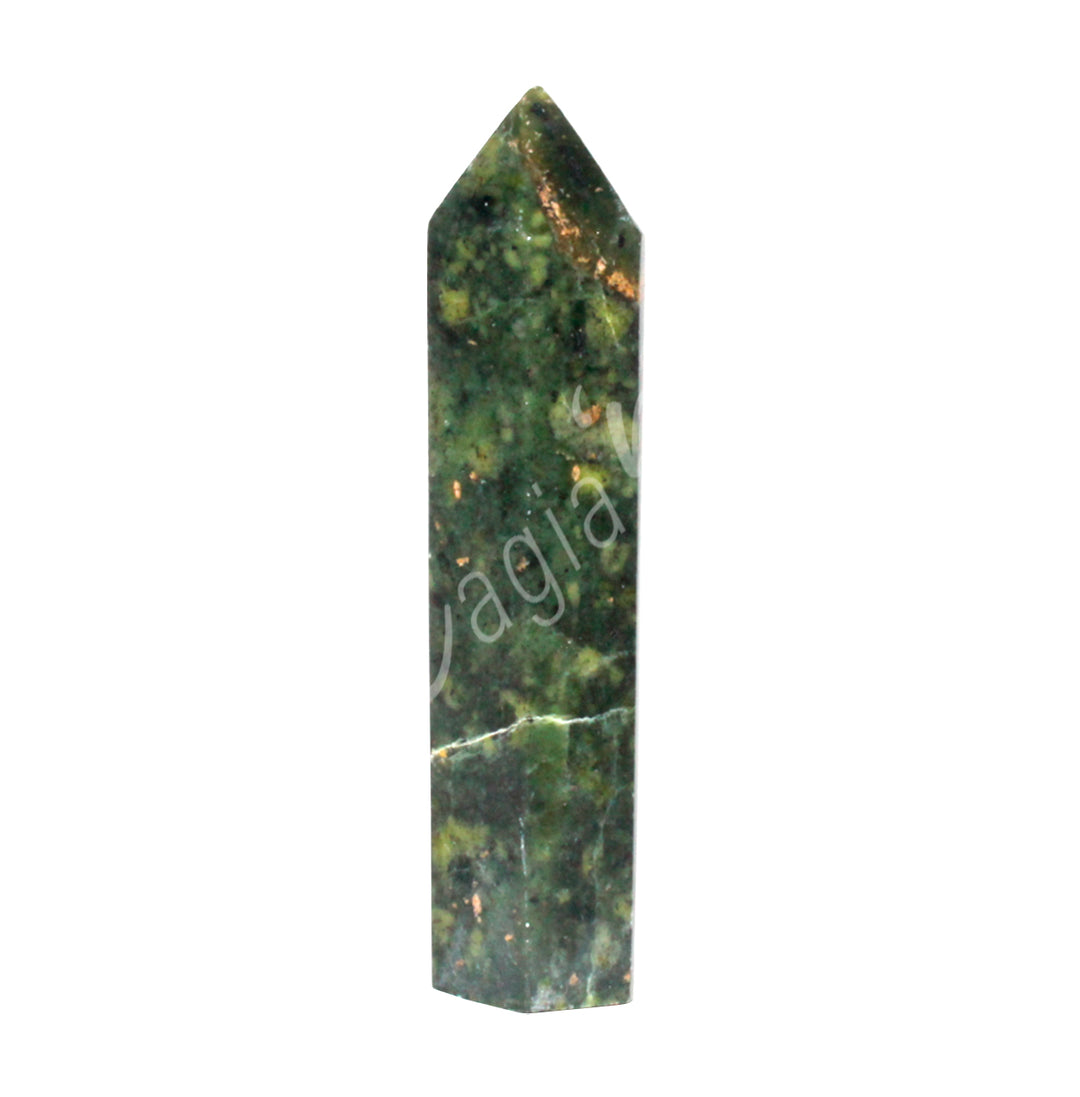 A green standing point with gold ans light green specks.