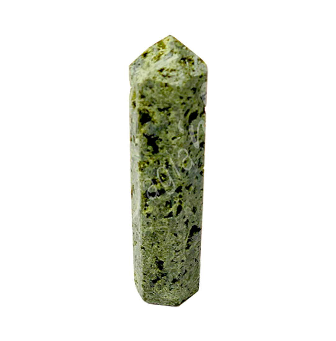 A green standing point with black specks.