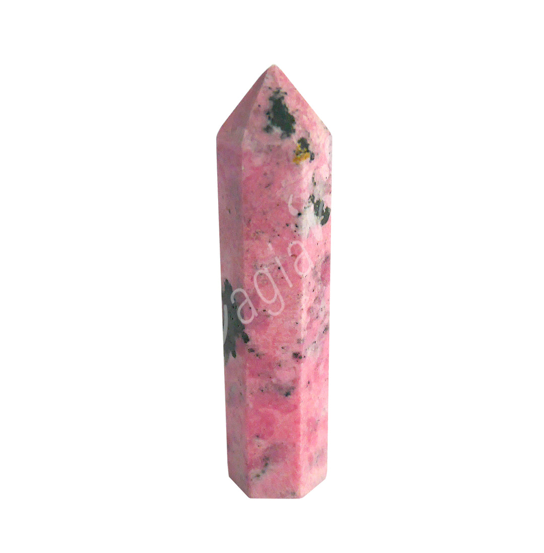 A pink standing point with black specks.