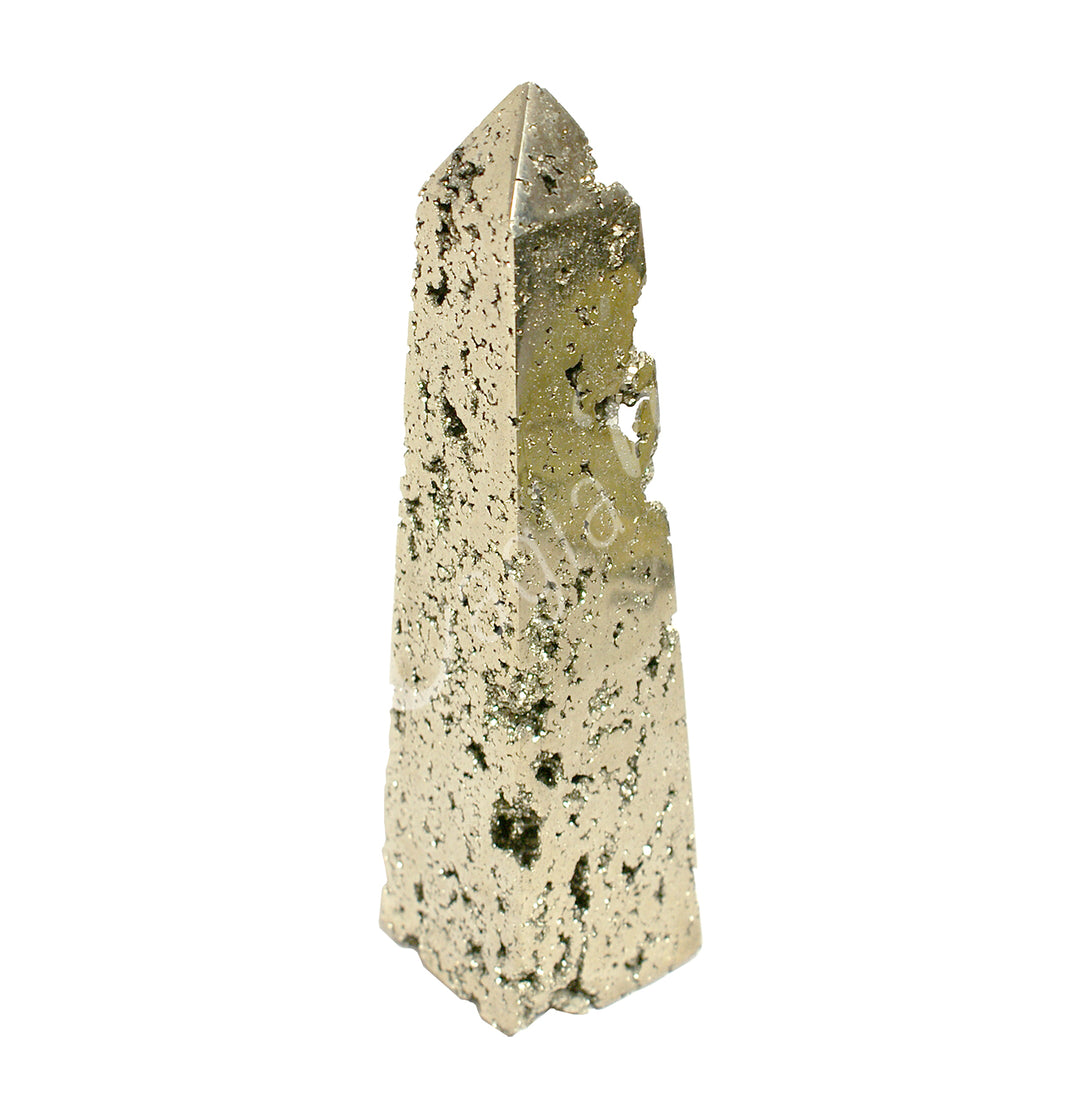 A standing pyrite point featuring natural druzy holes and a metallic, reflective surface.
