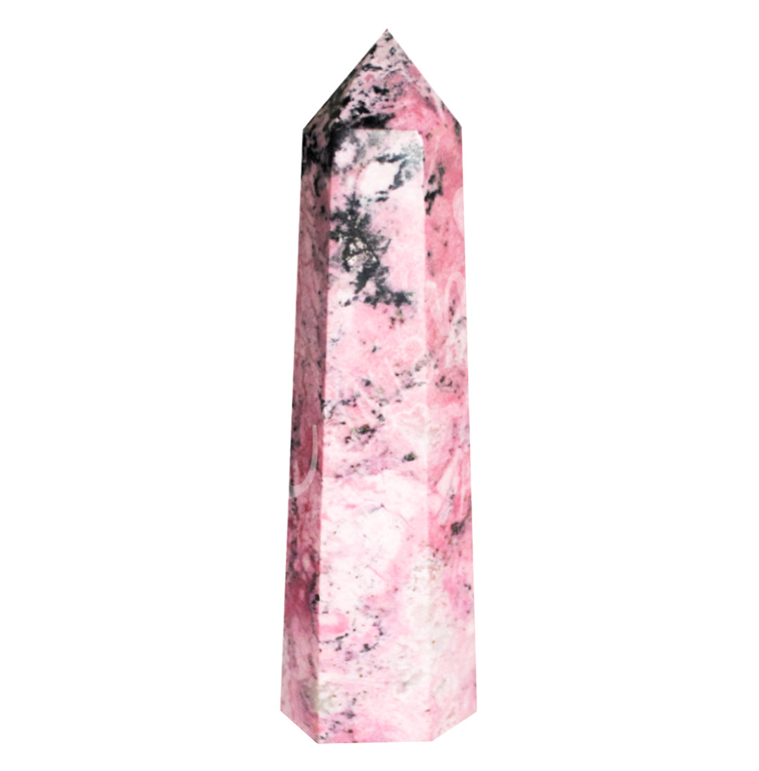 A pink standing point with black specks.