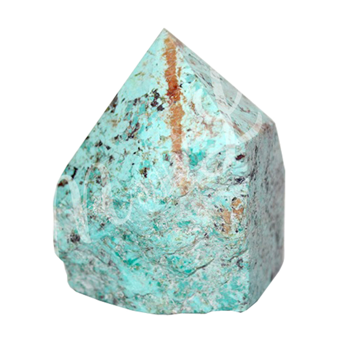 A piece of turquoise stone. The top is cut to form a point.