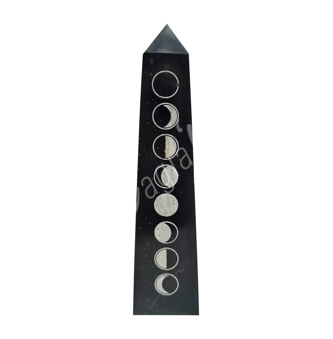 A black standing point featuring the moon phase design on a side.