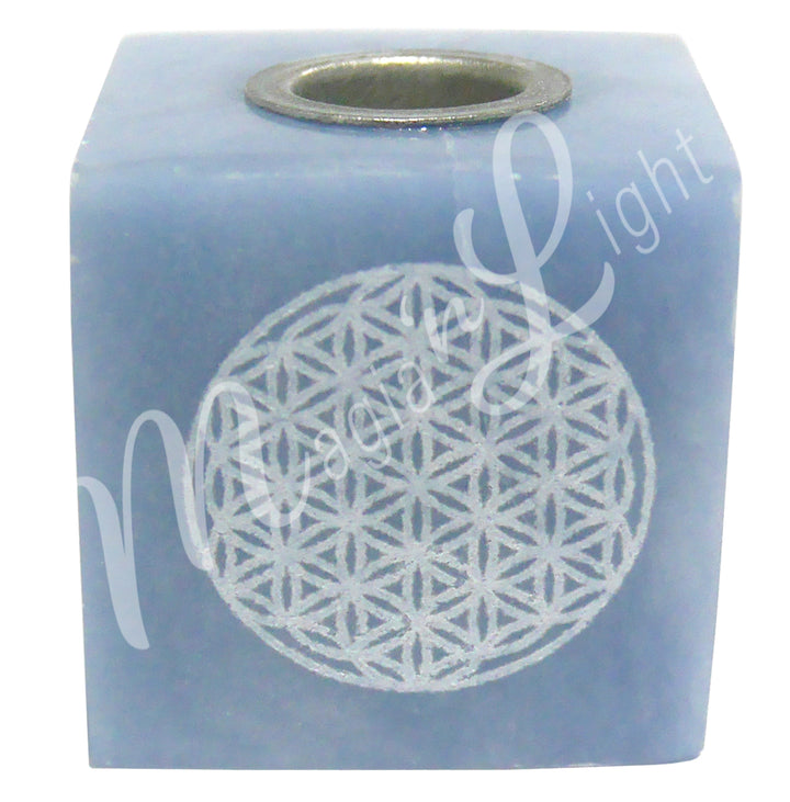 Mini Candle Holder Angelite Engraved w Flower of Life 1.5"